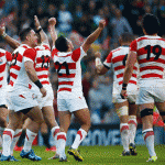 Japan celebrating a momentous win over South Africa. (Credit: Gallo Images)